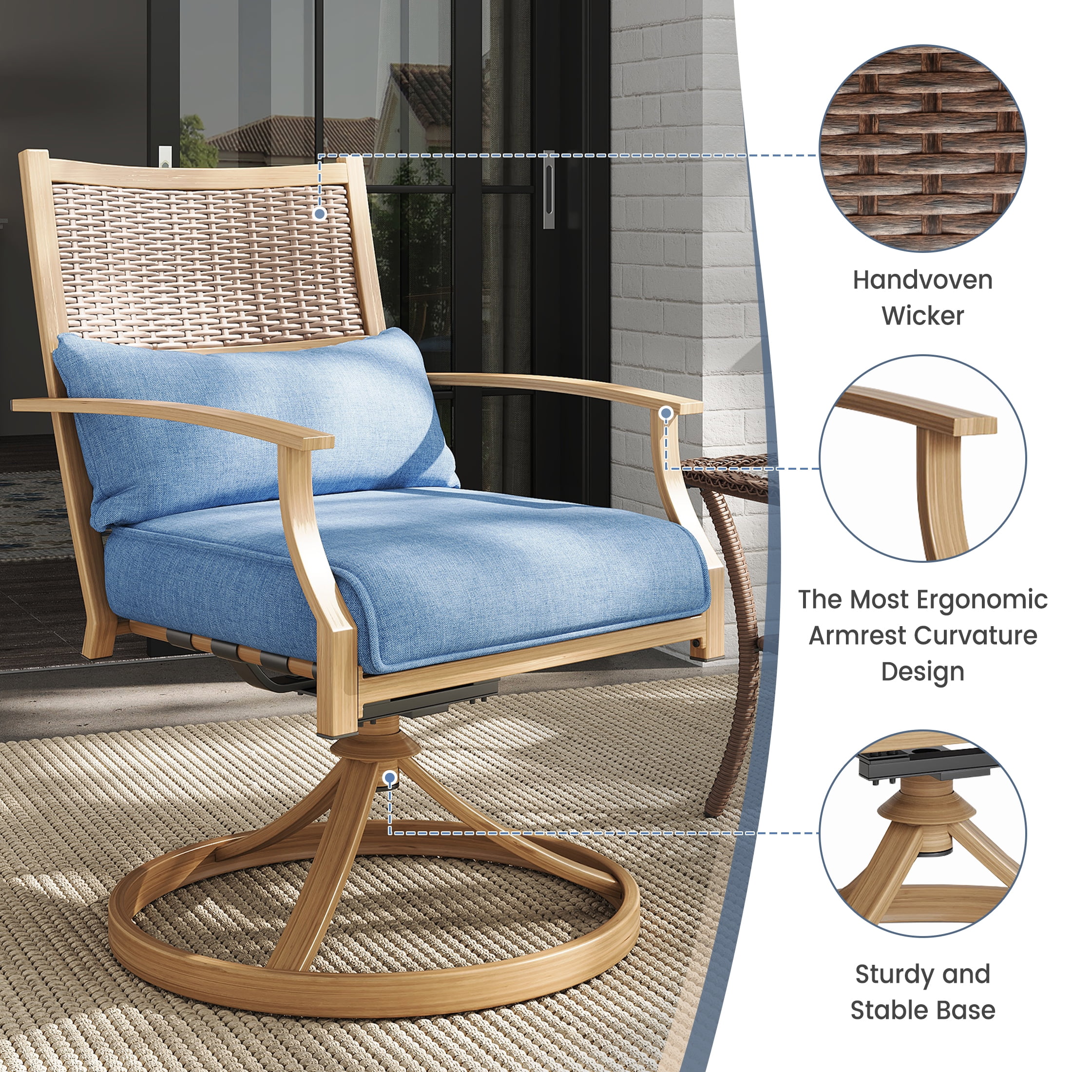 Poteban Patio Swivel Chairs Set of 2, Outdoor Dining Chairs with Deep Seat Cushion, All Weather Swivel Rocker Chairs with Hand-Painted Metal Frame, for Backyard Deck Lawn (Blue)