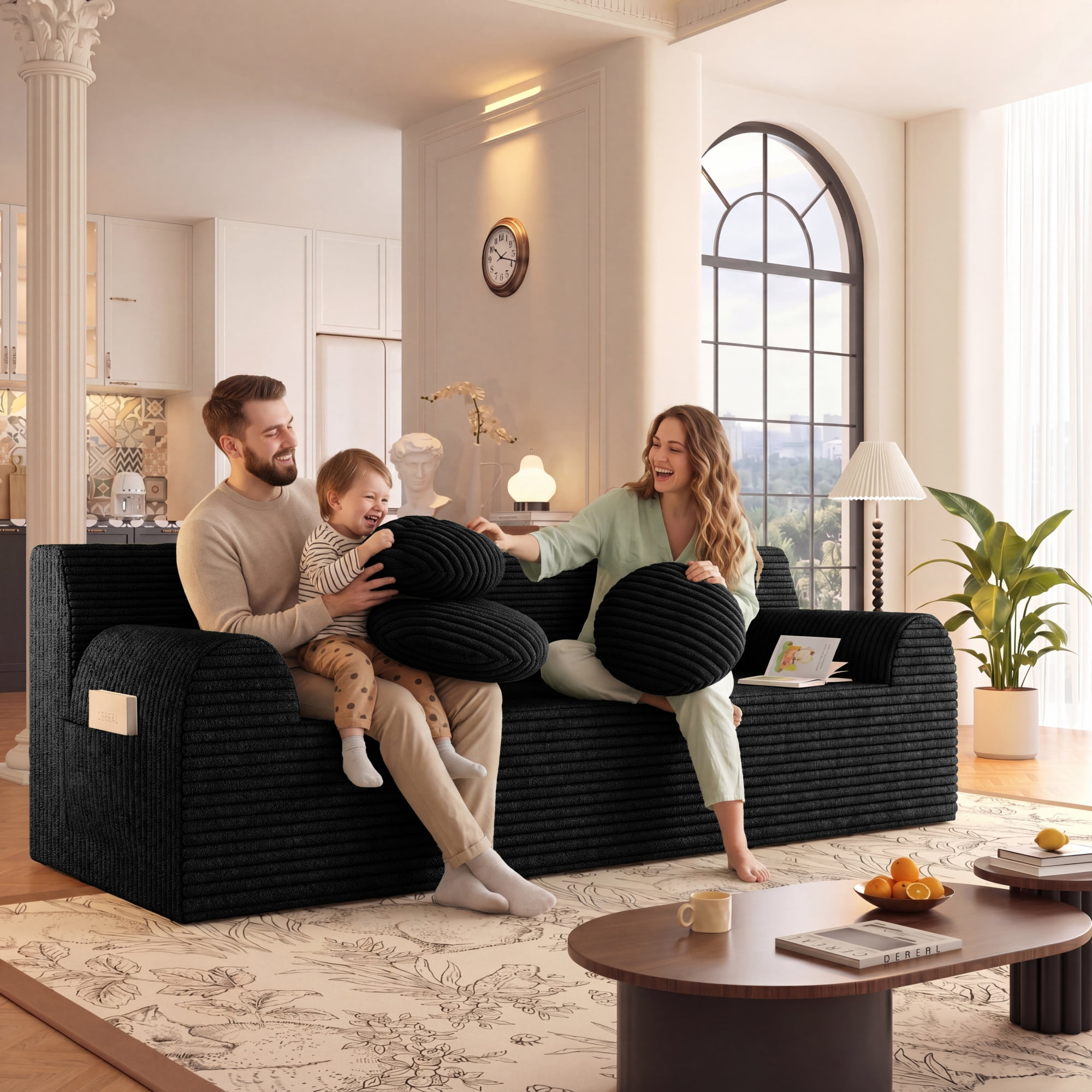 HOQBN Boneless Sofa Couch for Living Room,71" 3 Seater Sofa with Deep Seat Design and 3 Round Pillows,Comfy Corduroy Fabric Loveseat Couch,No Assembly,Black