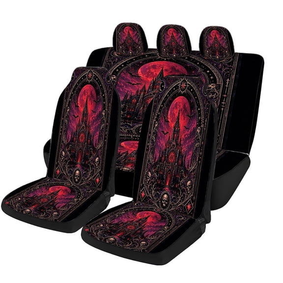 Verolix Gothic Car Seat Covers 5 Piece Set, Red Moon Castle Skull Bat Print Mesh Fabric Auto Seat Protectors, Halloween Inspired Universal Fit Car Interior Covers for Sedan SUV Truck