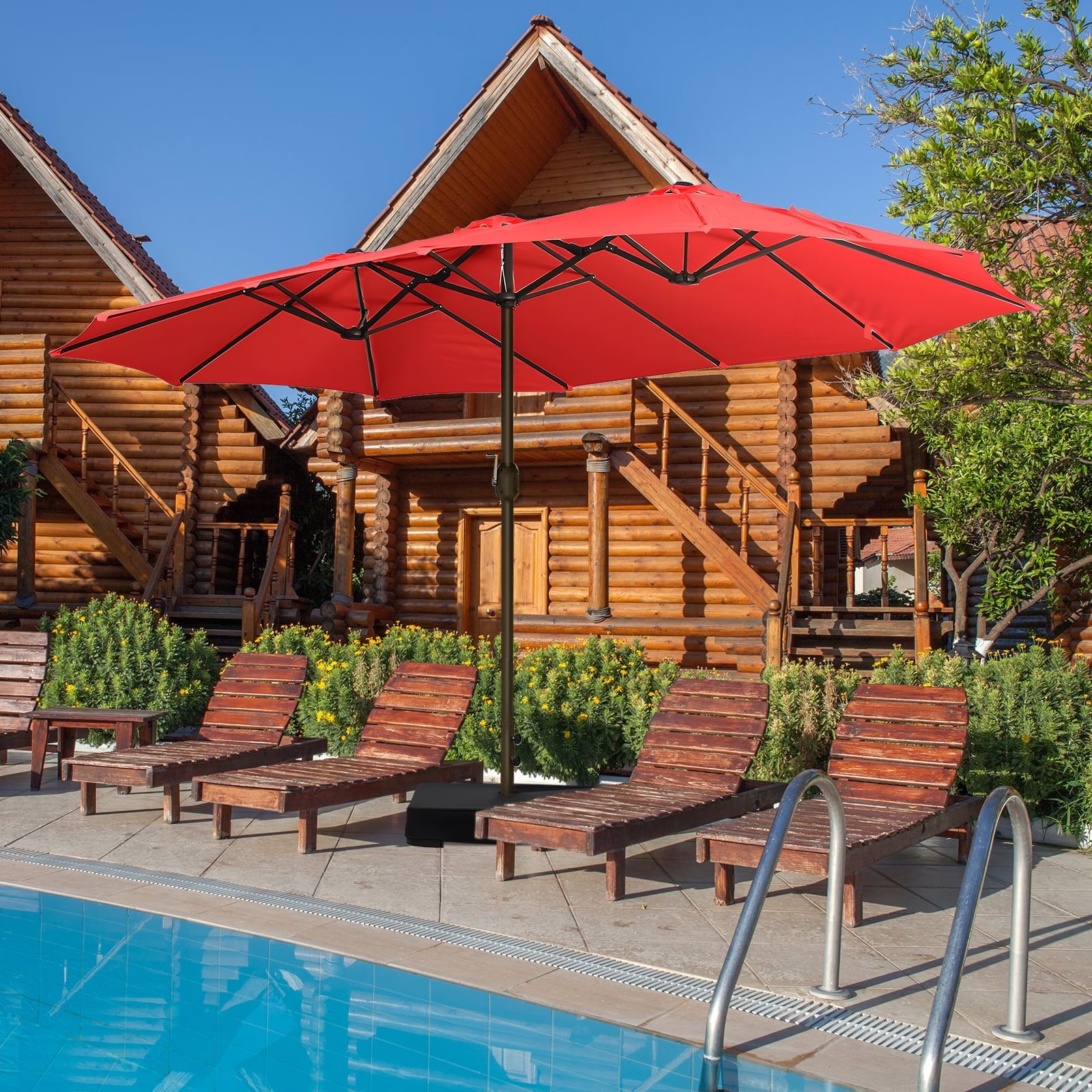 Aoodor 15ft Large Patio Umbrella with Base Stand, Outdoor Double-Sided Rectangle Umbrella - Red