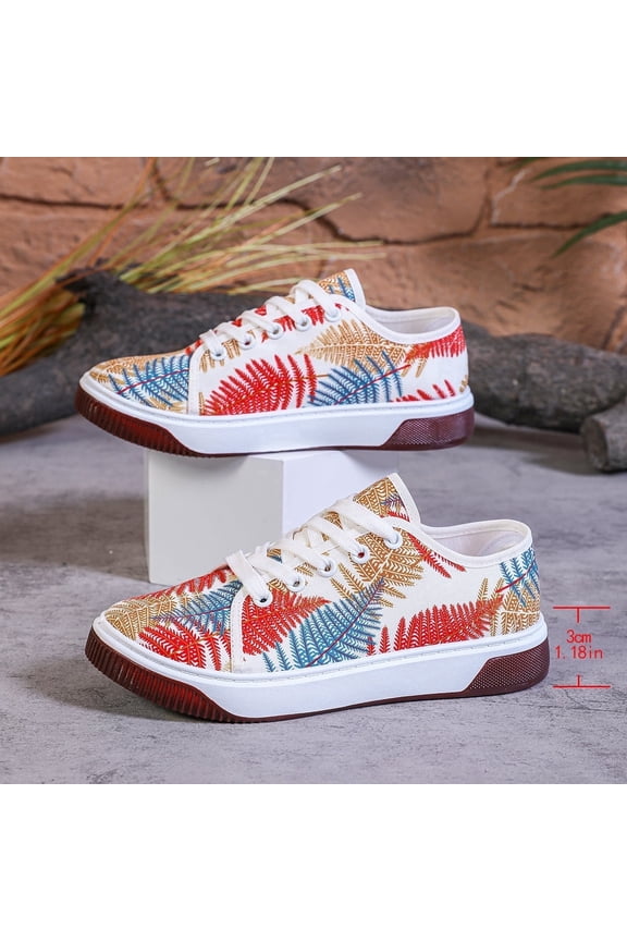 Women's Fern Leaf Print Canvas Low Top Lace-up Platform Casual Sneakers