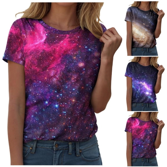 zaveiop Galaxy T Shirts for Women Space Print Side Slit Crew Neck T-Shirts (Brown, M)