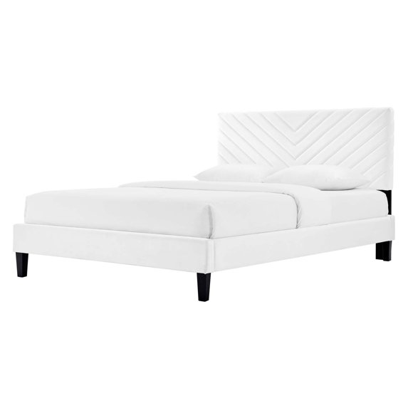 Platform Bed Frame, Full Size, White, Velvet, Modern Contemporary, Bedroom Master Guest Suite Room