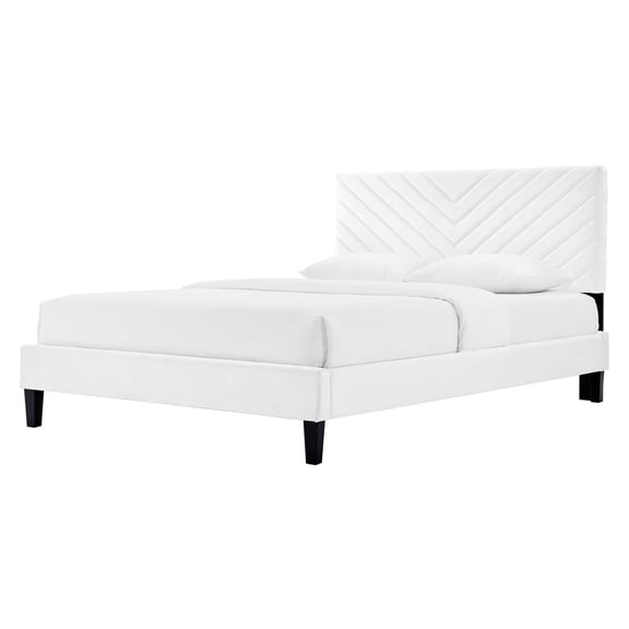 Platform Bed Frame, Full Size, White, Velvet, Modern Contemporary, Bedroom Master Guest Suite Room