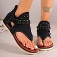 thumbnail image 3 of Women's Clip Toe Flat Sandals Breathable Denim Flip Flops Buckle Studded Open Toe Summer Low Platform Dressy Shoes Black Size 7.5, 3 of 6