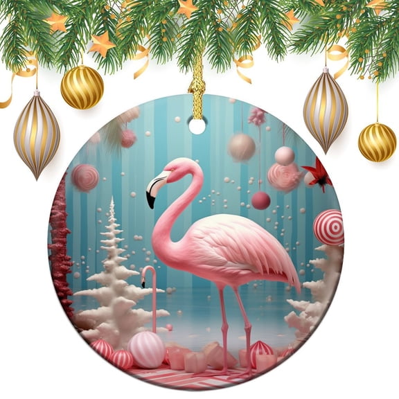 Christmas Ornament Flamingo Christmas Double Sided Porcelain 3 Inch Flamingos Wear Santa Hats for Christmas Tree Decoration Xmas Party Decorations Merry Xmas for Family & Friends