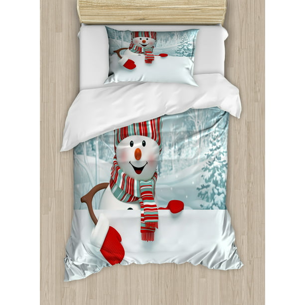 Snowman Duvet Cover Set Smiling 3d Style Mascot With Hat And