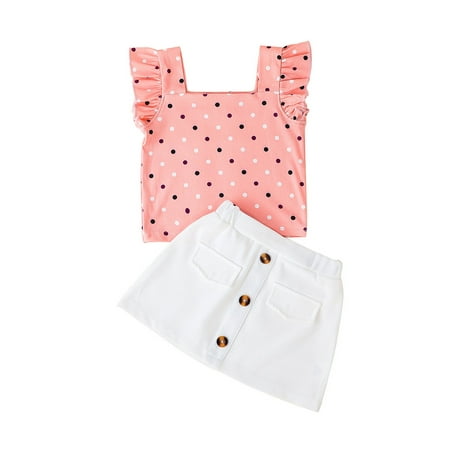 

Canrulo Kids Girl Summer Outfits Dot Print Ruffle Sleeveless Tops and Elastic Casual Mini Button Skirt Set Pink 2-3 Years
