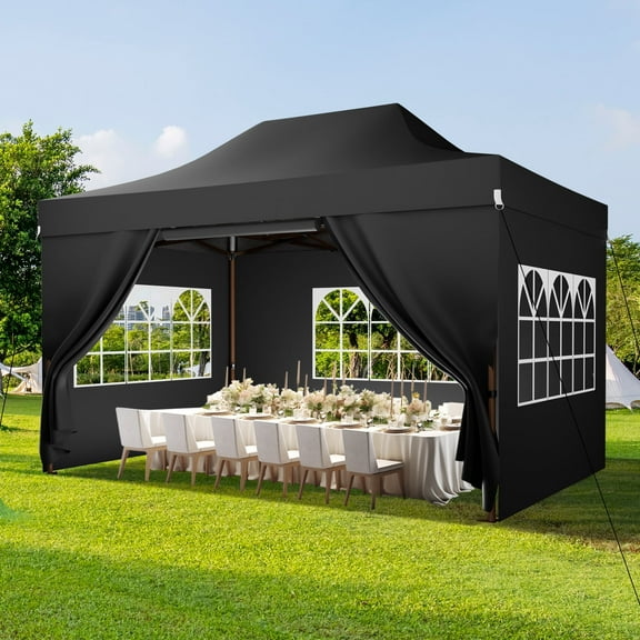 HOTEEL 10x15 Heavy Duty Canopy Tent with 4 Sidewalls,Pop up Canopy for Parties Wedding,Commercial Easy up Gazebo with Roller Bag,UV 50 ,Black