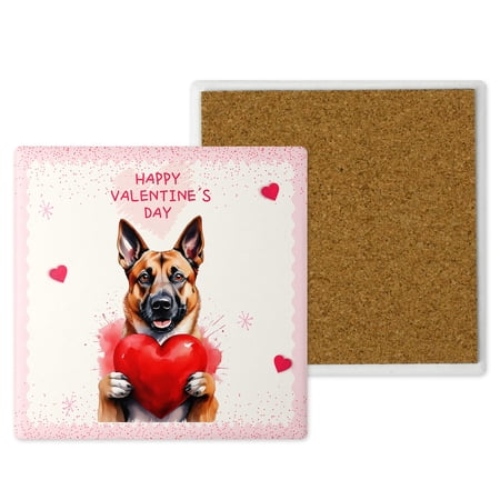 Happy Valentine s Day Belgian Malinois Brings Love Heart Set of 4 Stone Coasters Sheepdog Dog Lover Gifts 4x4in Absorbent Soapstone Coaster - 02028