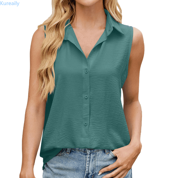 Kureaily Solid Color Lapel Zipper Sleeveless Loose T Shirt Vest Women's Basic Tank Tops