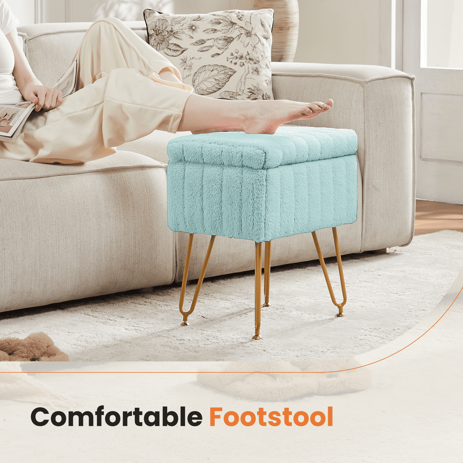 CONCETTA Storage Ottoman Bench, Faux Fur Vanity Footstool with Hidden Storage, Padded Seat & Adjustable Feet for Bedroom, Makeup Room, Entryway,Mint Green
