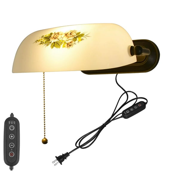 Kiven Dimmable Wall Sconce with Timing and Pull Chain Switch, Green Glass Bankers Lighting Fixture with Plug-in Cord,Vintage Library Lamp for Bedside, Office, Study Room BD1924-10