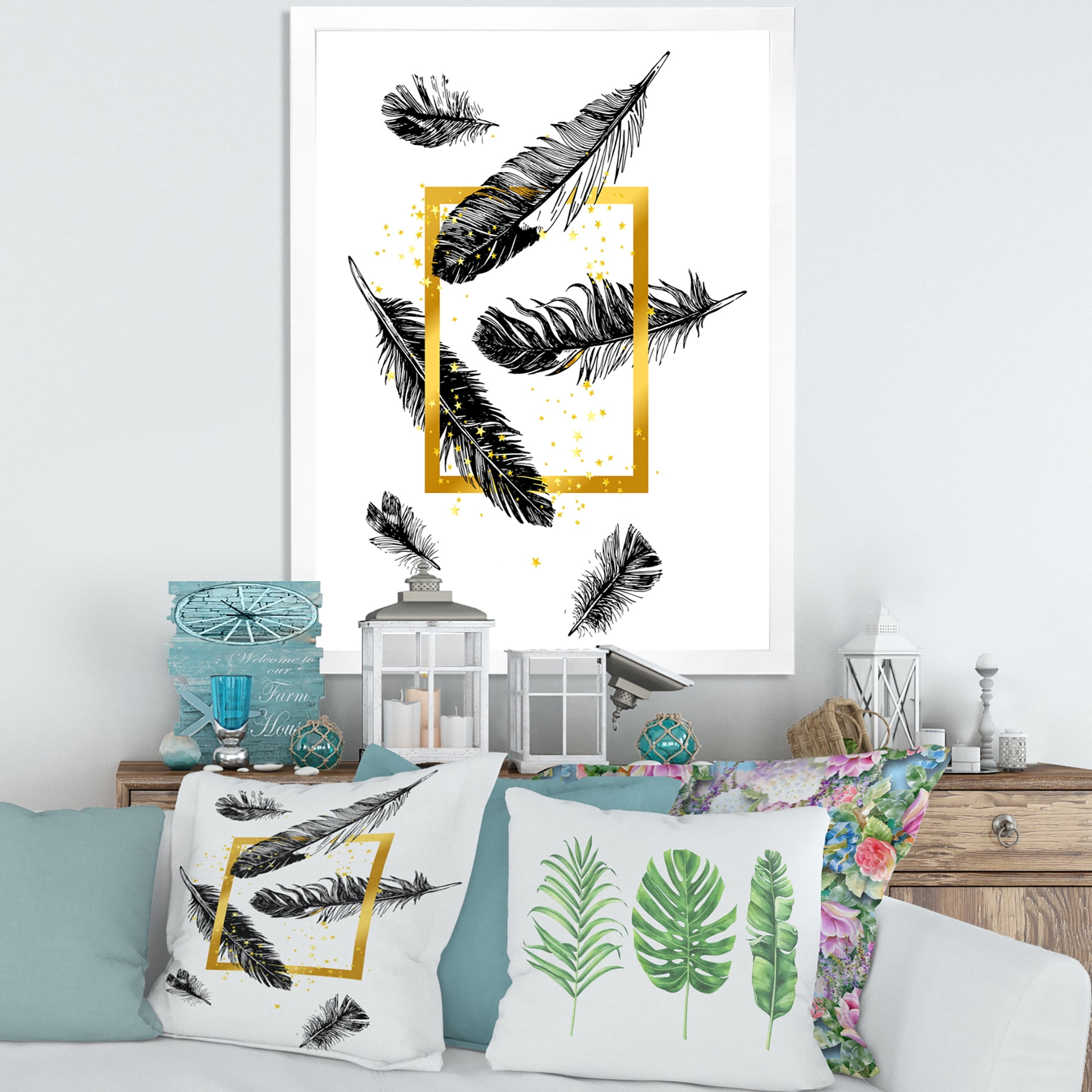 Designart 'Feathers and Golden Frame' Bohemian & Eclectic Framed Art Print