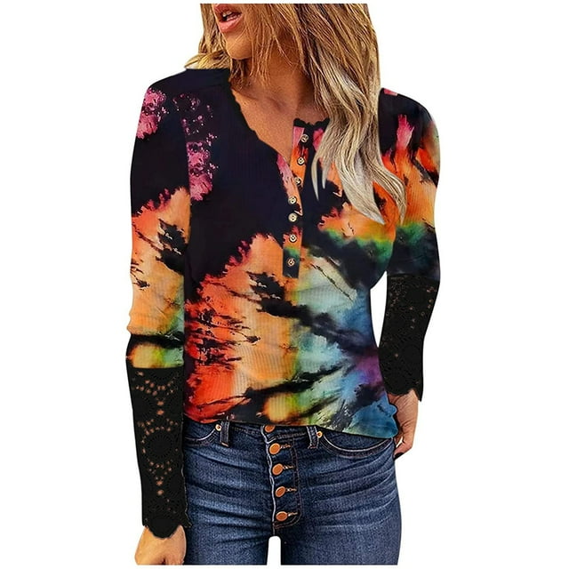 Long Sleeve Tunic Tops for Women Lace V Neck Tshirts Button Down Ruched Tees Trendy Fall Ombre Pullover