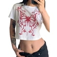 thumbnail image 2 of VISgogo, camisetas de manga corta para mujer, estampado de mariposas, Tops cortos casuales de verano con cuello redondo para ropa de calle VISgogo  moda, 2 of 9