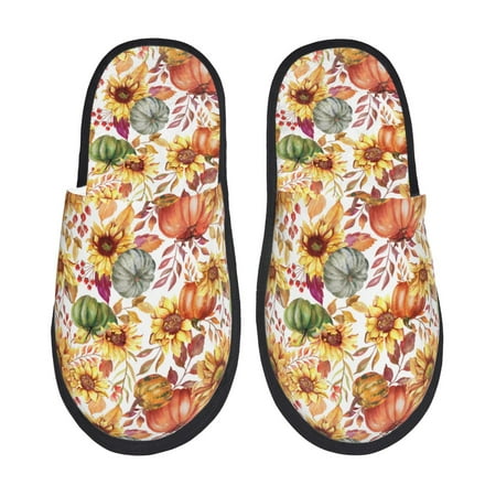 Balery Sunflowers Pumpkins And Autumn Leaves Slient Indoor Furry Fleece Comfort House Shoes Soft Non-Slip Home Shoes Cotton slippers House Slippers-- Large