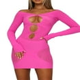 thumbnail image 2 of PENGXIANG Robe Cocktail Aguichant Ajourée pour Femmes Bodycon Maille Transparente Patchwork Manches Longues Épaules Dénudées Robe Mini Clubwear, 2 of 7