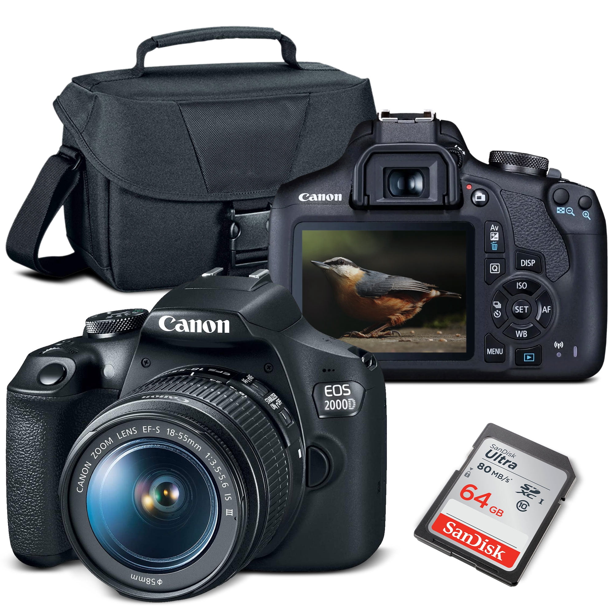 Canon EOS 2000D / Rebel T7 DSLR Camera with 18-55mm Lens + Bag + 64GB Card + More(International Model) (International Version)