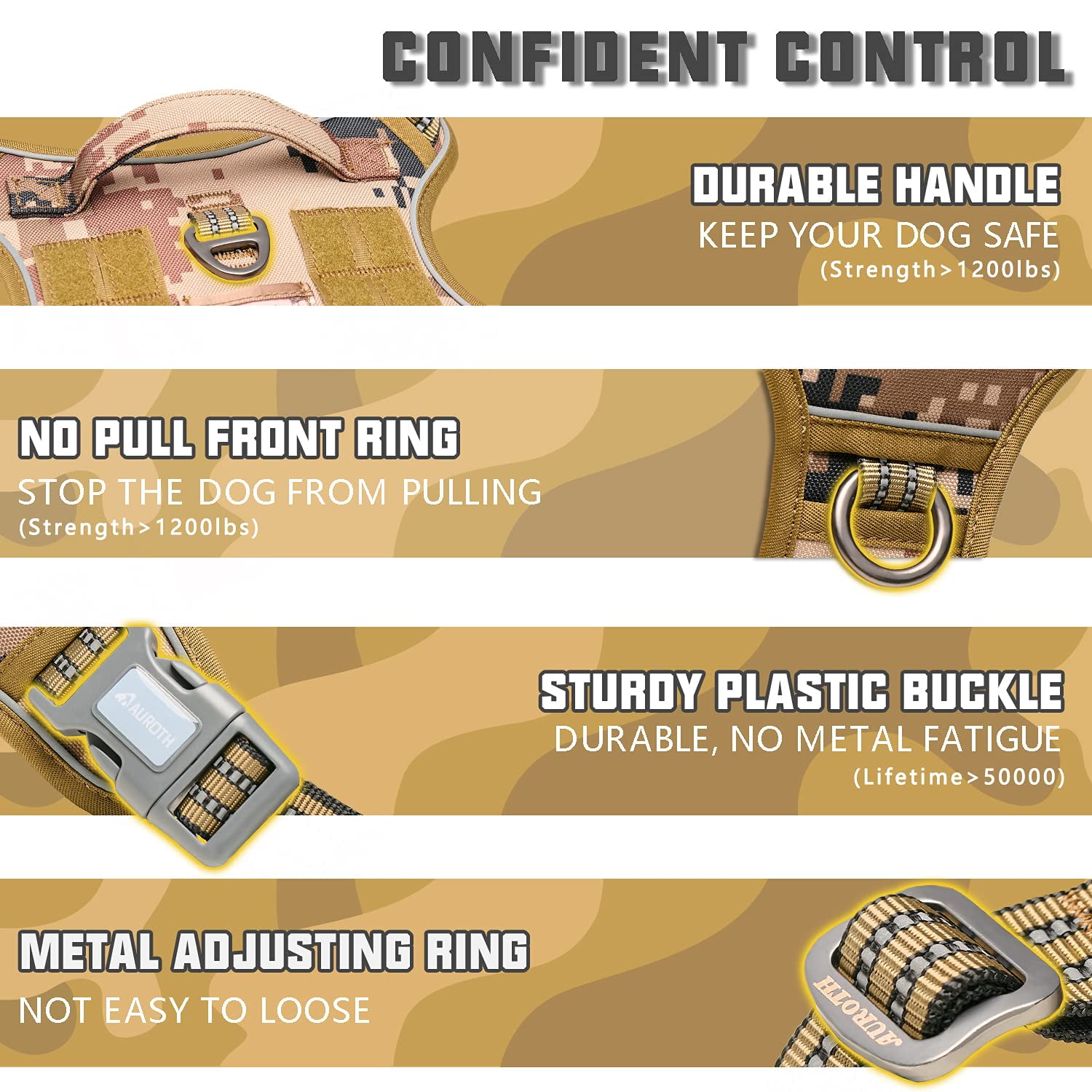 Auroth No Pull Dog Harness for Medium Dogs, Adjustable Easy on Pet Puppy Harness for Training Walking, Reflective Breathable Padded Dog Harness with Easy Control Handle, Desert Camo