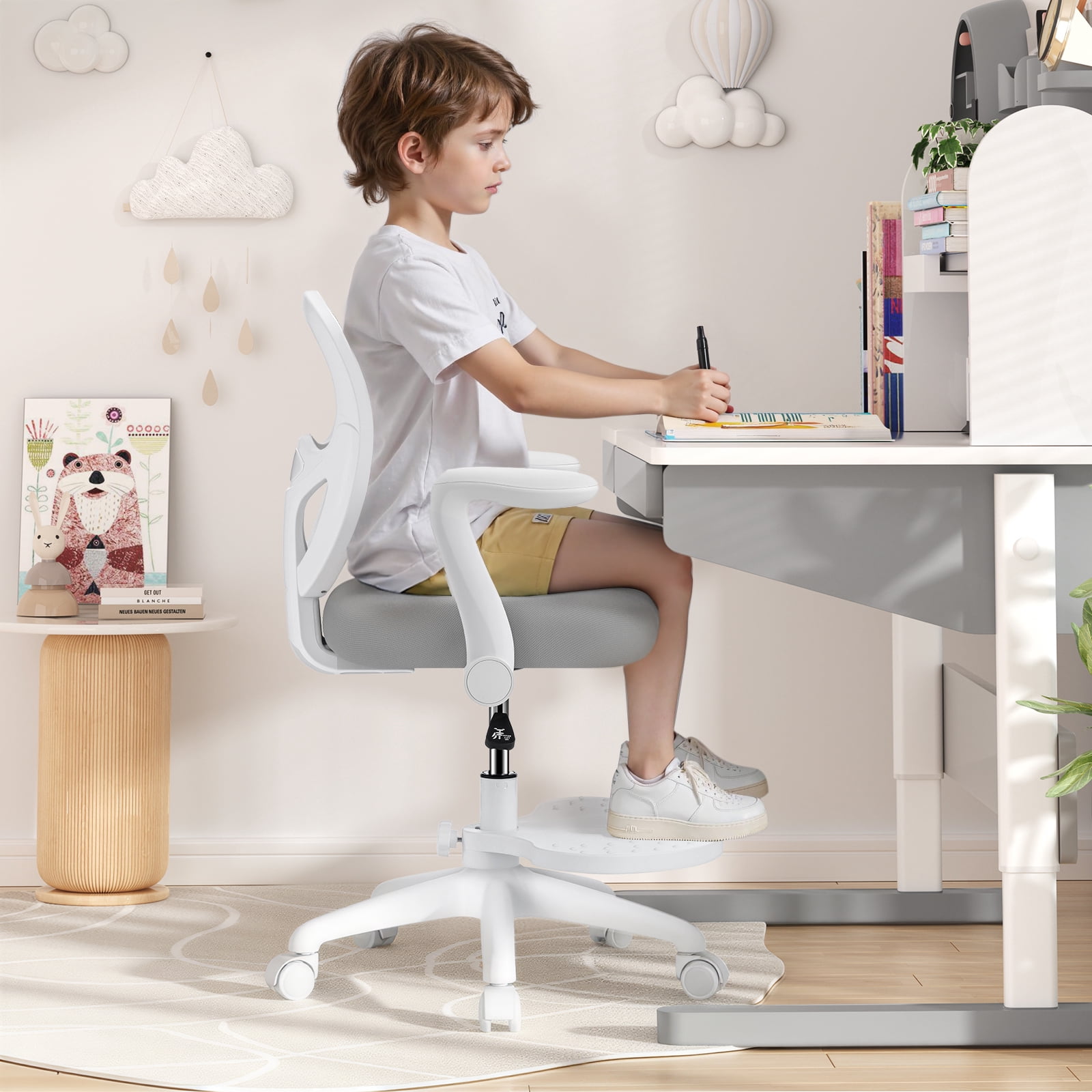 Hoffree Kids Desk Chair with Flipped Arms Wheels Ergonomic Study Chair with Footrest Adjustable Height Rolling Desk Chair for Teens Boys Girls in Study Room Grey