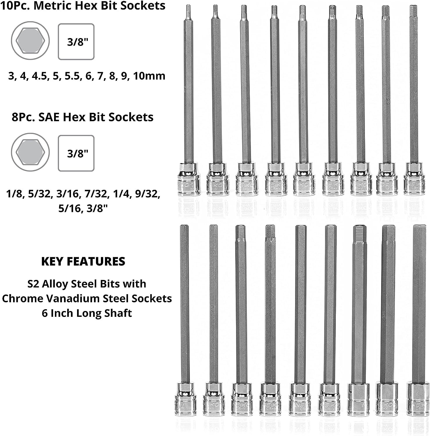 Neiko 10079A Extra Long Allen Hex Bit Socket Set, 18 Piece SAE and Metric Allen Socket Set, 3/8 Drive, 1/8" – 3/8 Inch & 3mm – 10mm, 6” Long Allen Hex Socket Bit Set, Allen Head Hex Key Socket Set …