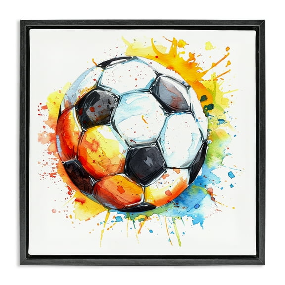 Stupell Industries Soccer Ball Bright Splash Sports Painting Black Floater Framed Canvas Art Print Wall Art, 18 x 18