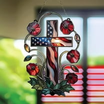 Summercome American Flag Cross Patriotic Suncatcher with Poppy Flowers Celebrating 250 Years Early, Stained Glass Style Acrylic Window Decor 6inch - Home Décor for Fourth of July & Memorial Day, #03