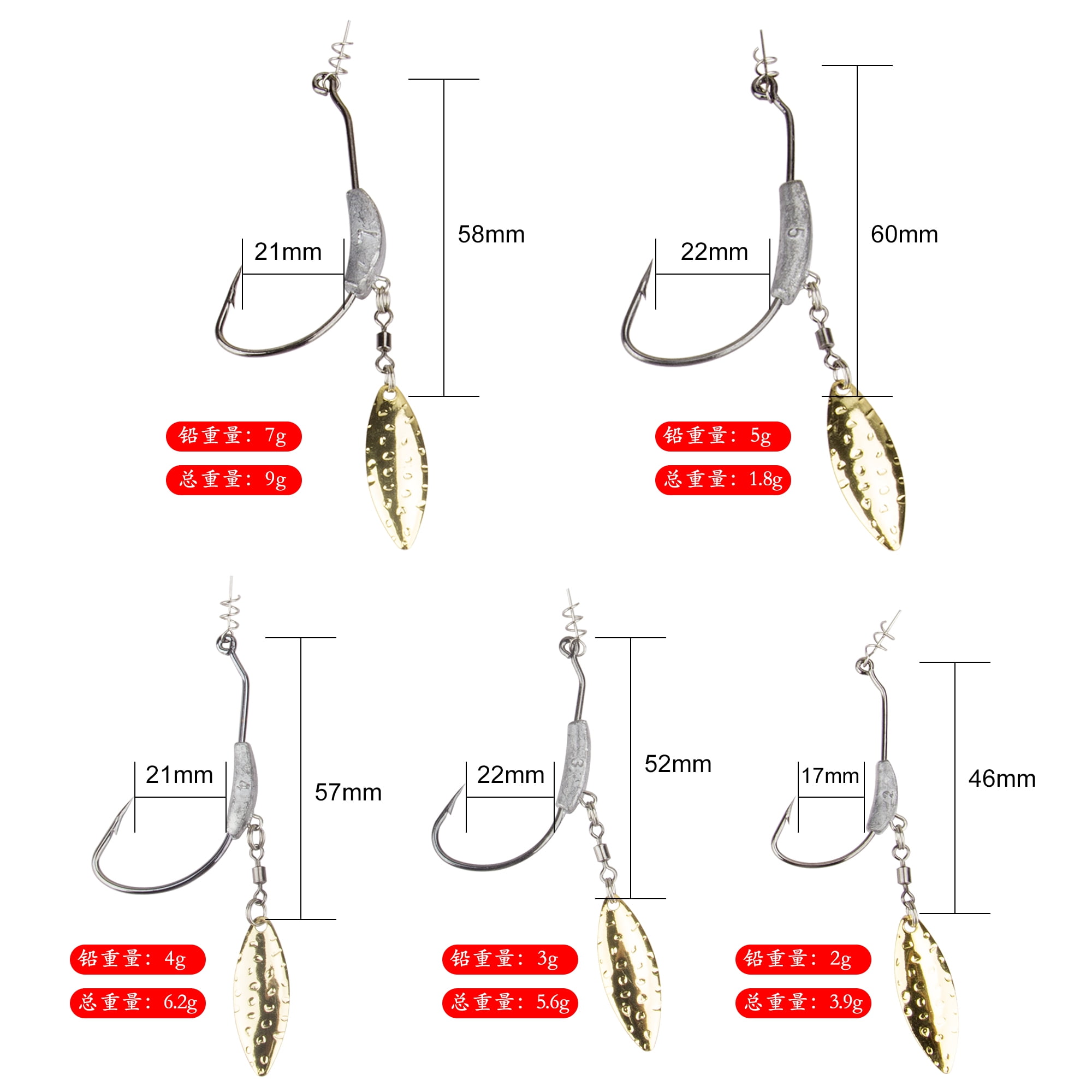 FTK 5Pcs Offset Fishing Hooks Weighted Crank Hook 2g3g4g5g7g Soft