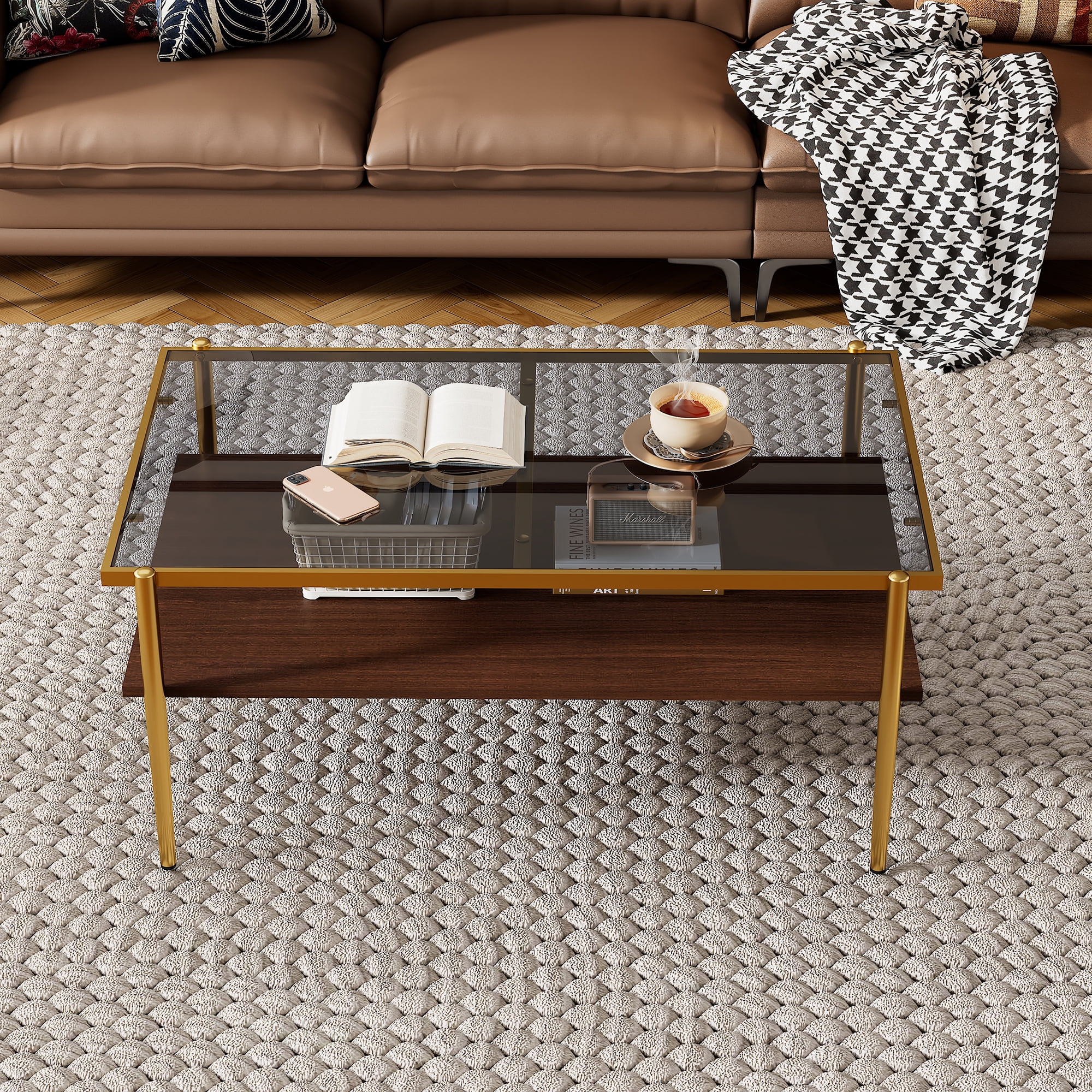 Modern Coffee Table, Tempered Glass Tabletop, Rectangle Coffee Table with Sturdy MDF Base and Golden Iron Legs, Easy Assembly Living Room Furniture, 38.39 Inch Length, Gray Color