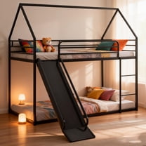 Bellemave Twin over Twin Size Bunk Bed with Slide Metal House Bunk Bed Frame with Ladder and Guardrails Versatile Twin Bunk Bed Loft Bed, Black