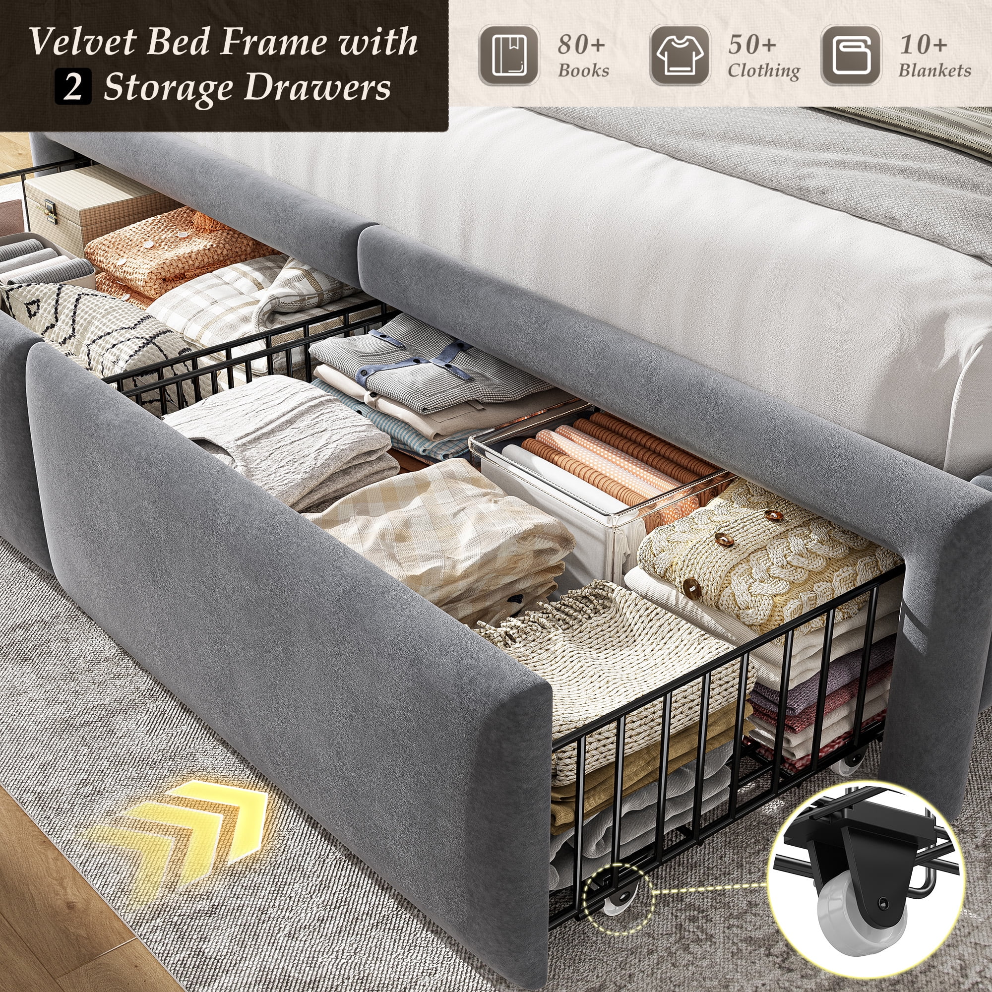 EnHomee Queen Size Bed Frame with 2 Storage Drawers and Widened Headboard Platform Bed Frame with LED Lights and Charging Station, No Box Spring,Gray