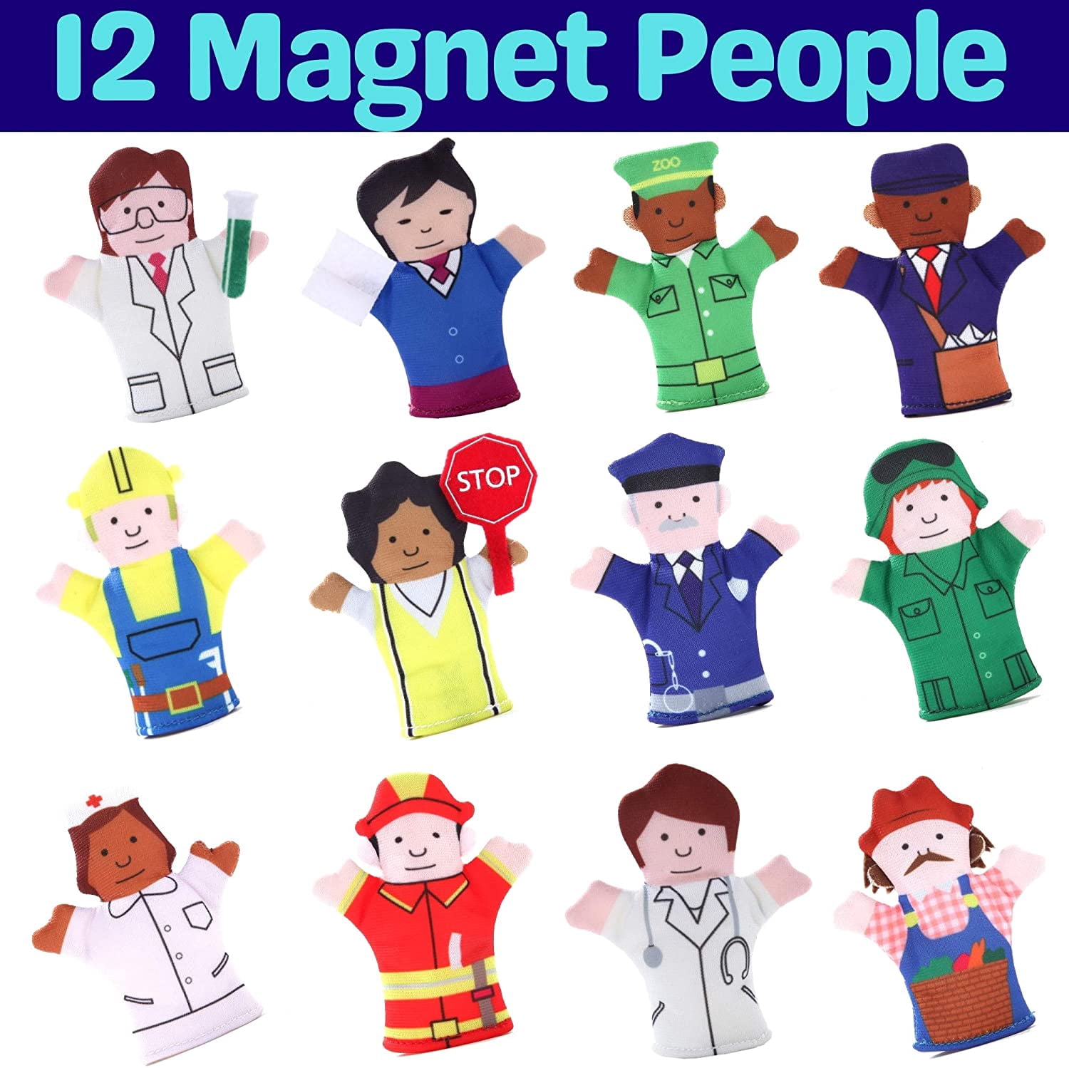 Magnet Happy Helpers People Toy Set for Fridge, Board and Refrigerator Magnets - Soft Fabric - 12 Pieces - Variety of Neighborhood People Characters