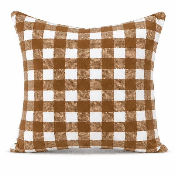 Set of 2 Brown White Gingham Plush Throw Pillow Covers, 16x16 Inch Double-Sided Soft Fluffy Farmhouse Pillow Cases, Decorative Square Cushion Covers for Couch Sofa Bed