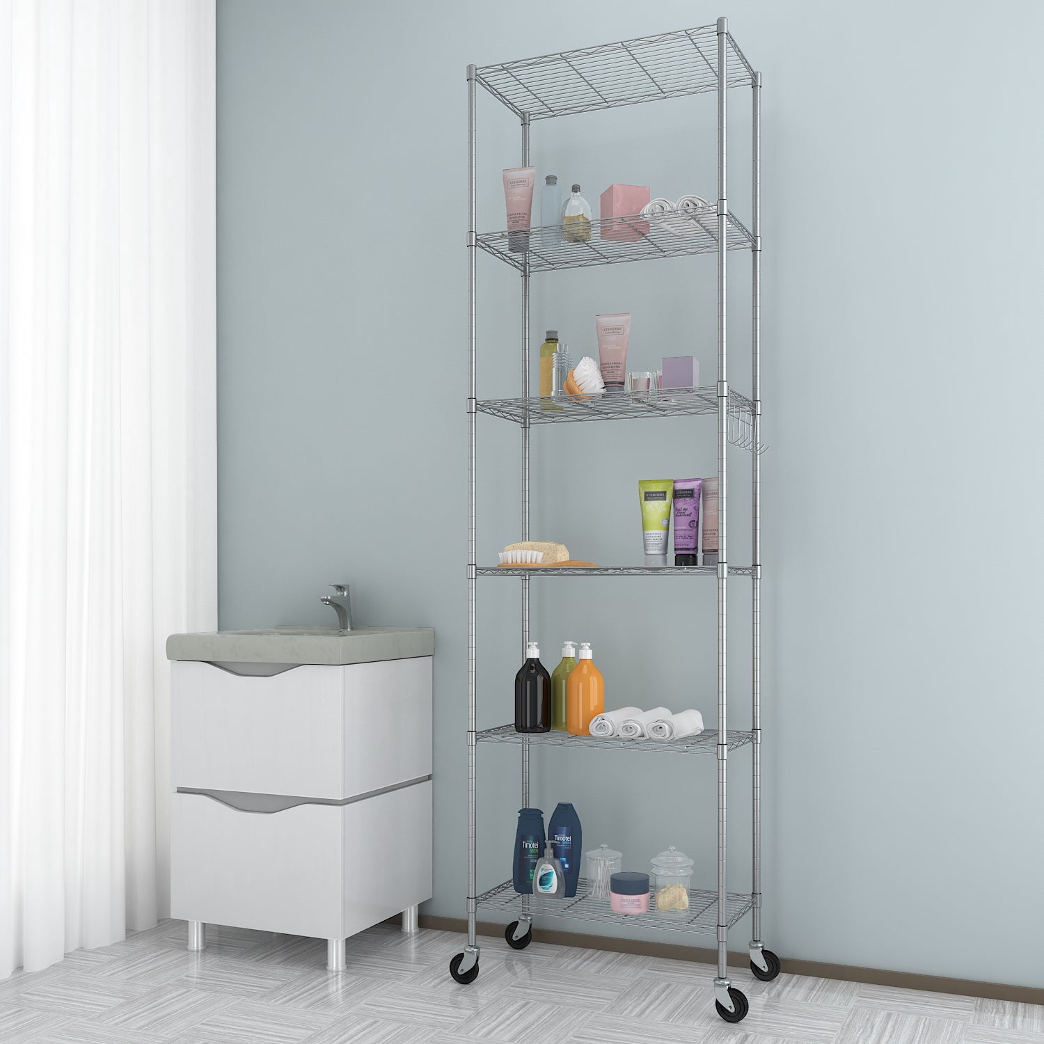 Sailvan 6-Tier 72"H Metal Storage Rack with Wheels, Slim Wire Shelving Unit for Pantry Kitchen Bathroom, Adjustable Shelves with Hooks, 530lbs Cap,Silver