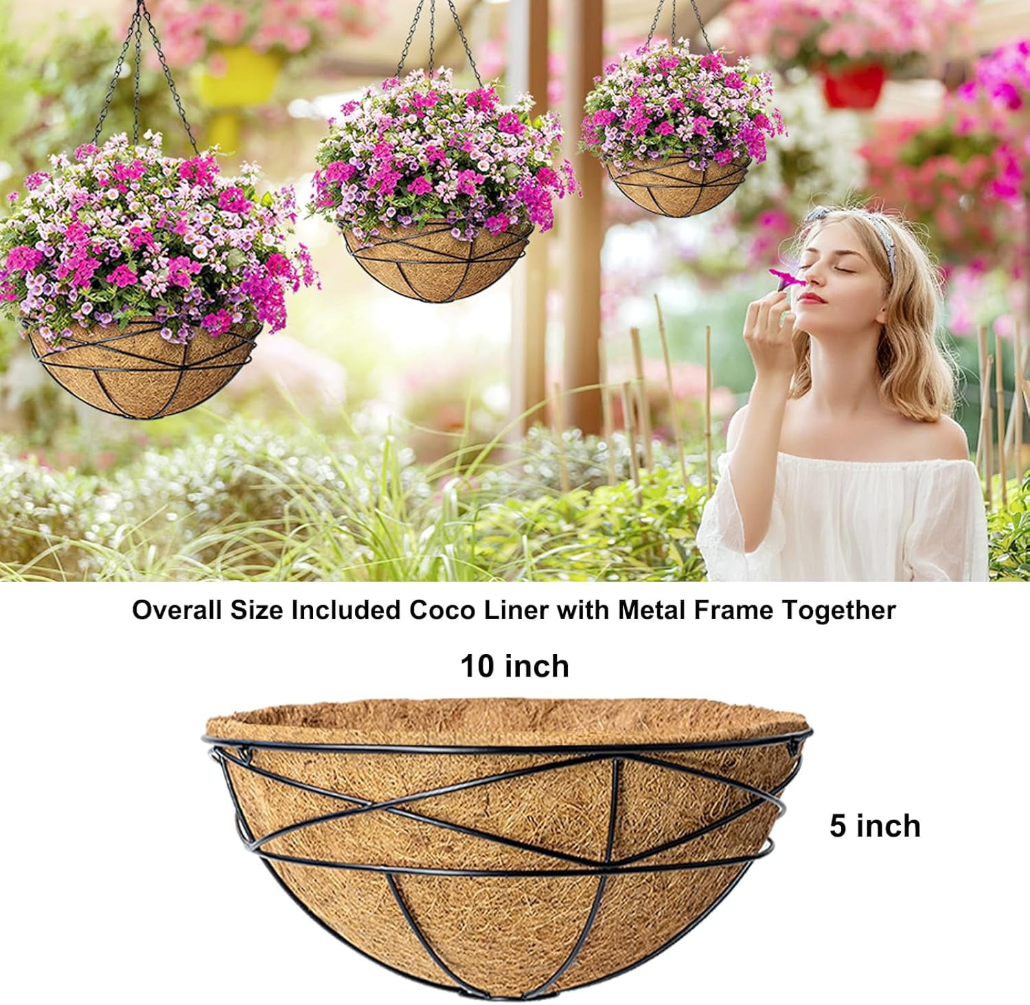 4 Pack 10 Inch Hanging Planters Metal Wire Flower Baskets with Natural Coconut Liners for Outdoor Plants Round Plant Holder Planter for Garden Decor