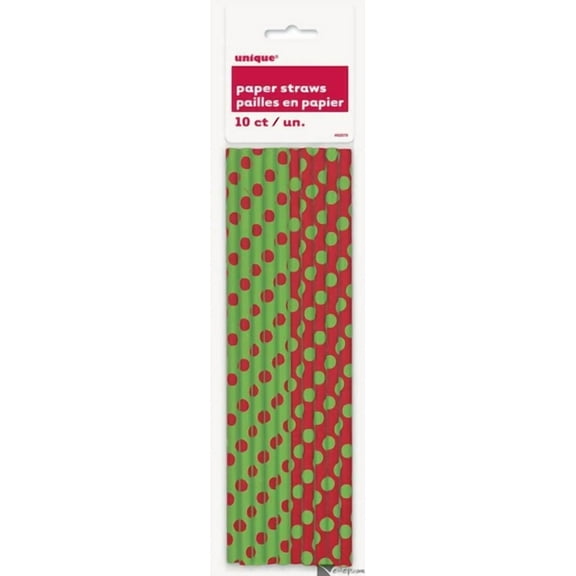 Unique Festive Holiday Polka Dots 11" Christmas Paper Straws, 10 Ct, Red Green