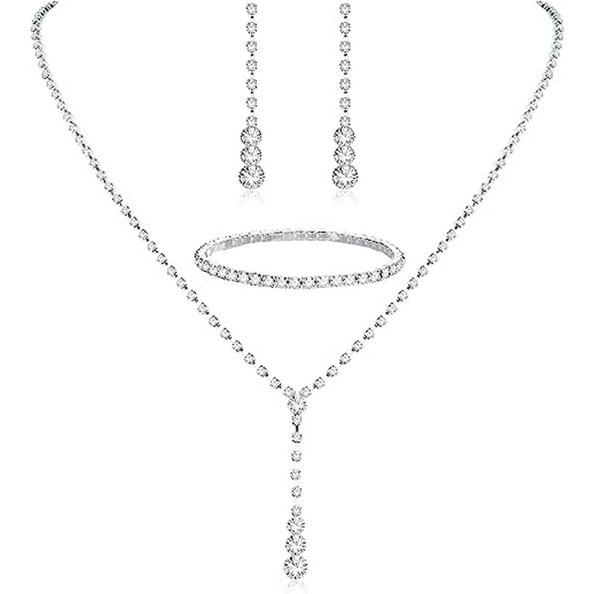 CASSIECA Silver Bridal Jewelry Set Rhinestone Necklace Bracelet Dangle Earrings for Bride Bridesmaid Teardrop Pendant Crystal Wedding Prom Jewelry Accessories for Women Walmart