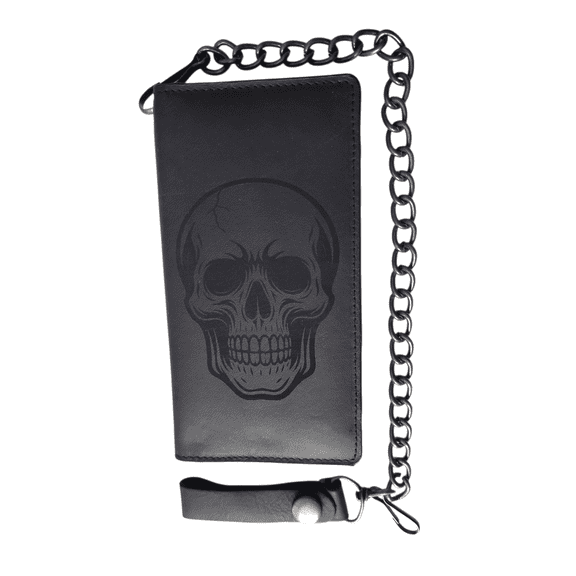 Skull Genuine Leather Biker Wallet With Chain Black Bi-Fold 7" Wallet By MDream