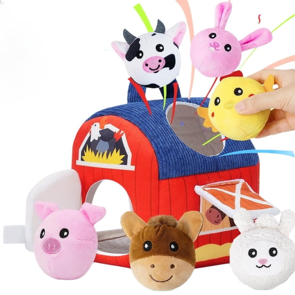 Infant Plush Farm Barn Playset, 6 Piece Stuffed Animals with Sensory Features, Non-Toxic Washable Educational Toy for Babies 6+ Months, Portable Travel Toy