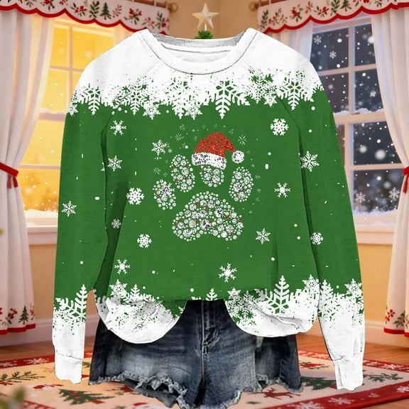 asdoklhq Christmas Shirts for Women Christmas Fashion Casual Printed Round Neck Loose Long Sleeve Capless Sweatshirt Top Green XL