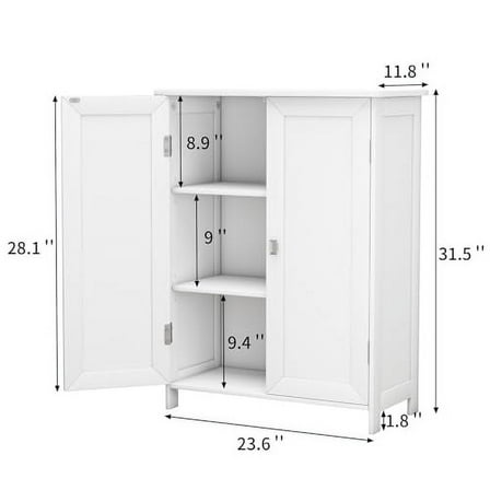 Bathroom Cabinet with Adjustable Shelf Freestanding Storage Cabinet with 2 Doors Wooden Organizer Floor for Bathroom Kitchen and Living Room, White
