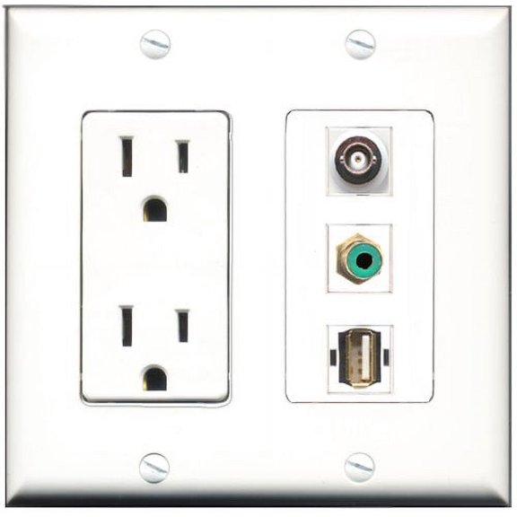 RiteAV - 15 Amp Power Outlet 1 Port RCA Green 1 Port USB A-A 1 Port BNC Decorative Wall Plate