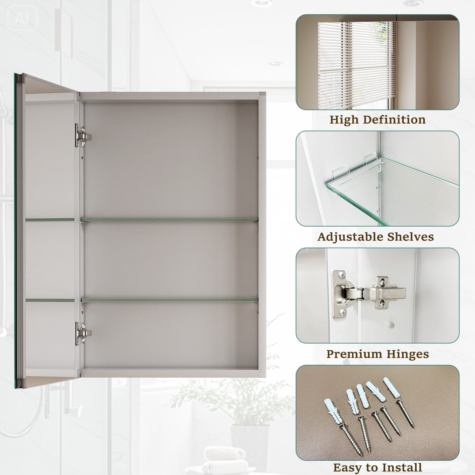 Easy4Home 24"x16" Bathroom Medicine Cabinet with Mirror, Surface Mount Mirror Cabinet with Adjustable Shelves