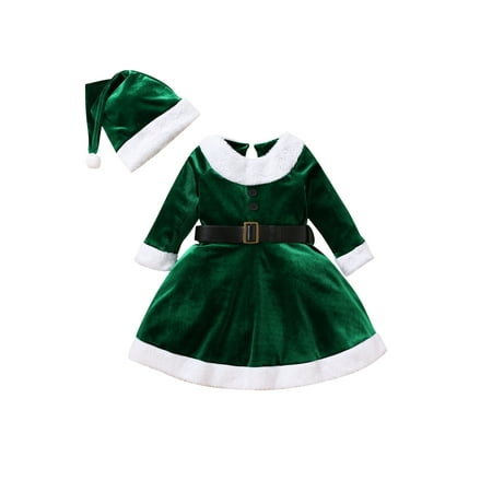 

CenturyX 1-6Y Christmas Toddler Girls Santa Dress Faux Fur Patchwork Long Sleeve Off Shoulder A-Line Dress with Belt + Bow Headband Green 3-4 Years