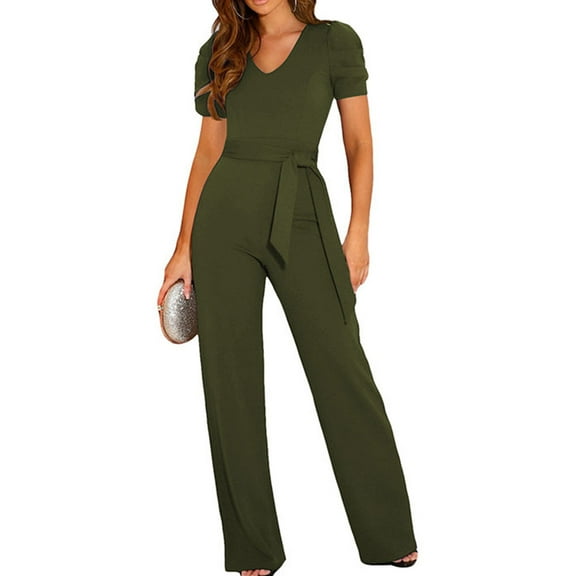 Summer jumpsuit casual short sleeve wrap V-neck band wide leg pants jumpsuit