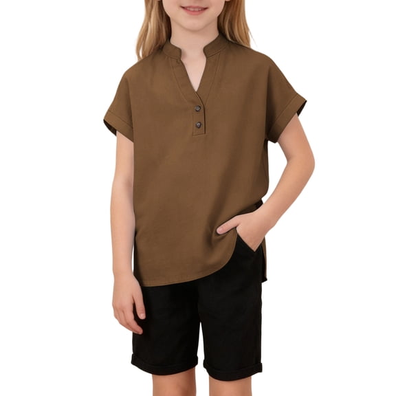 FAHXNVB Girls Cotton Linen T Shirts Button Short Sleeve V Neck Side Slit Breathable Tees Tops Solid Color Summer Fashion Shirts 4-14 Years