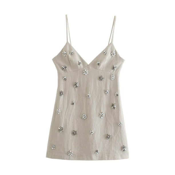 Vestido lencero elegante de corte A con escote bajo para club, falda con tirantes, vestido corto Beige