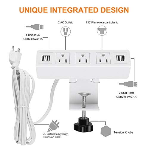 3 AC Outlet Desk Clamp Power Strip White, Desk Mount USB Charging Power