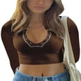 thumbnail image 1 of Women Short Top Shirt Long Sleeve Patchwork Ribbed Front Button V-Neck Cropped Tops Ladies Spring/Summer Slim Navel Shirt, 1 of 4